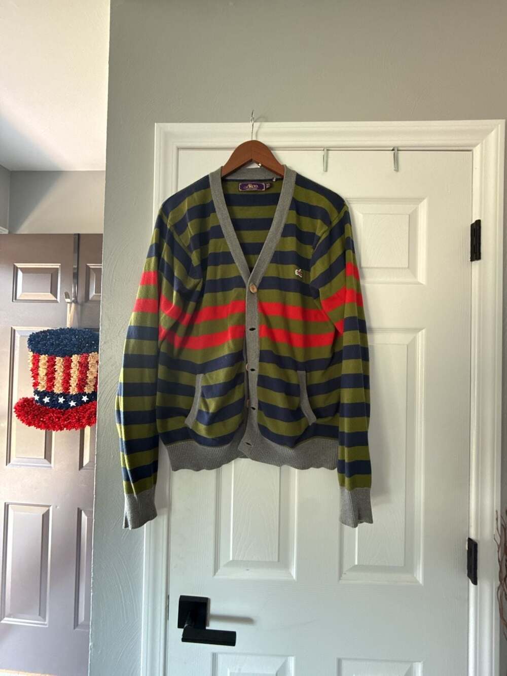Akoo Striped V-Neck Cardigan Sweater with Fox Patch and Pockets Size XL